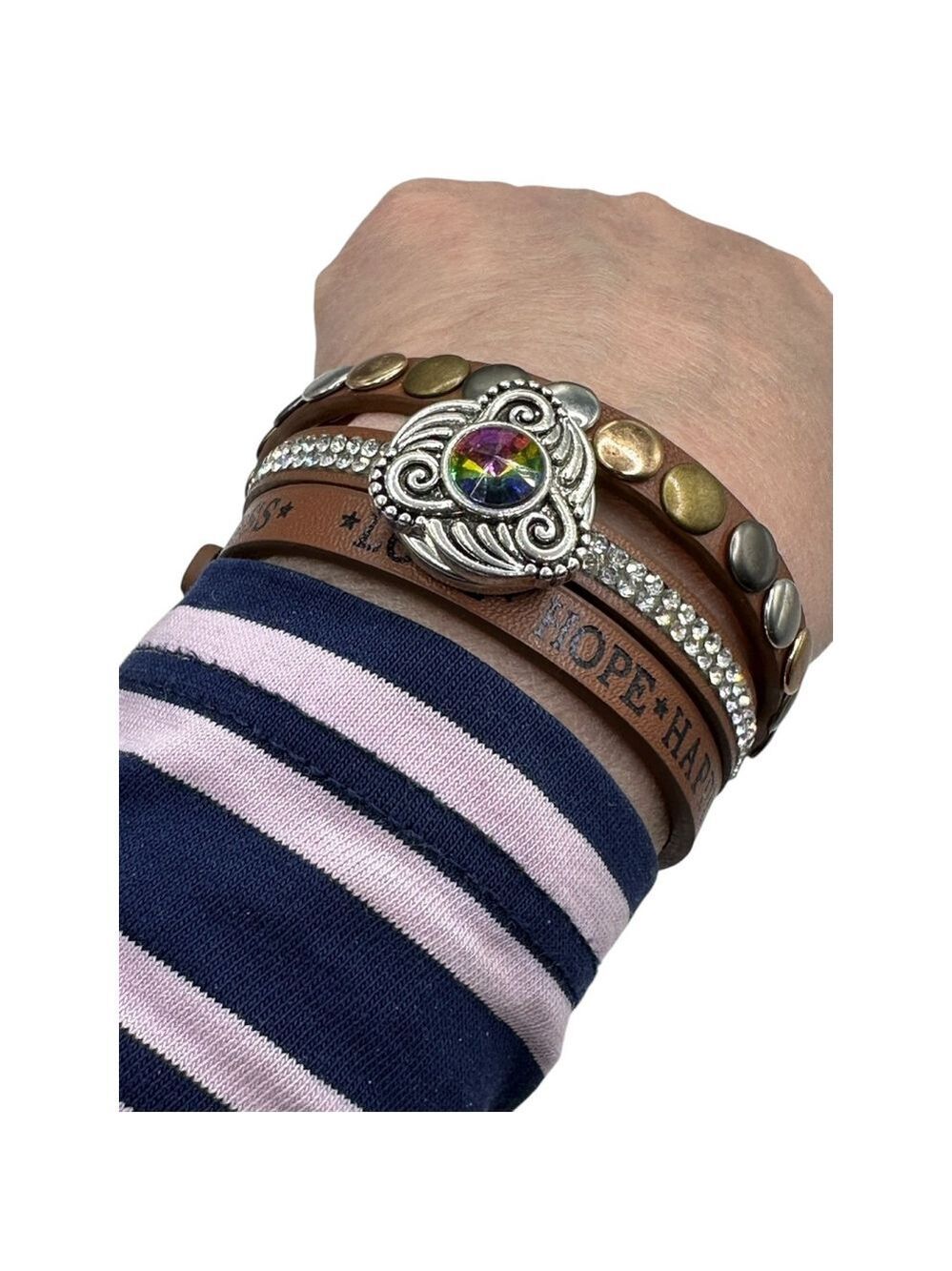 Criss Cross Brown Leather Bracelet & Multicolored Ginger Snap Jewelry Love Hope
